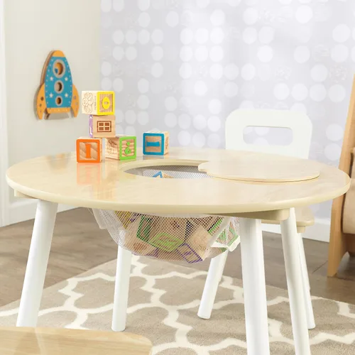 Vista 6 de KidKraft Conjunto de mesa de almacenamiento redondo y 2 sillas - Natural y blanco, 23.5 x 23.5 x 17.3