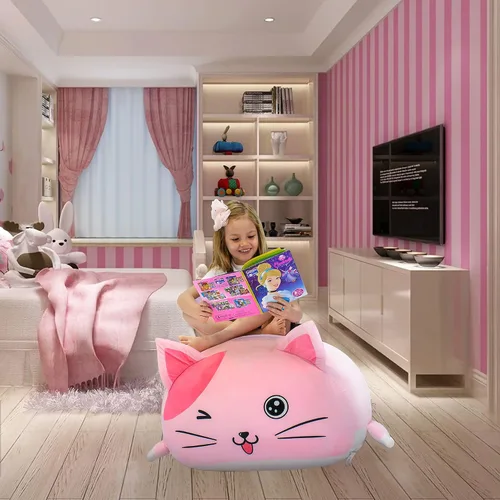 Vista 2 de Anzitinlan Lindo puf de gato para niños, puf de almacenamiento de animales de peluche rosa para decoración de habitación de niñas