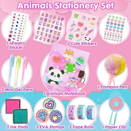 Vista 4 de Diario de animales para niñas con cerradura, juego de papelería de animales con diario secreto, sellos, bolígrafos, cuaderno de diario, regalo