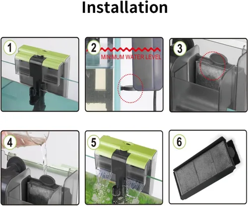 Vista 8 de Filtro de acuario 4 en 1 doble cascada U-V para agua verde y limpieza de algas, filtro silencioso de 8 W para colgar en el filtro de flujo ajustable