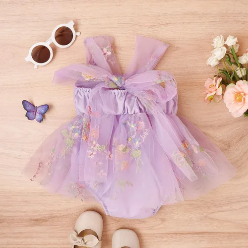 Vista 3 de ODASDO Infant Baby Girl Tulle Romper Flower Embroidery Princess Bodysuit with Headband Birthday Party Cake Smash Outfit