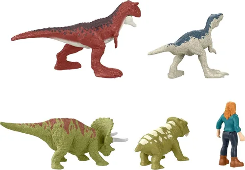 Vista 3 de Mattel Jurassic World Dominion Carnotaurus Clash Pack, 5 mini juguetes que incluyen 1 figura humana y 4 dinosaurios en paquete temático de camión