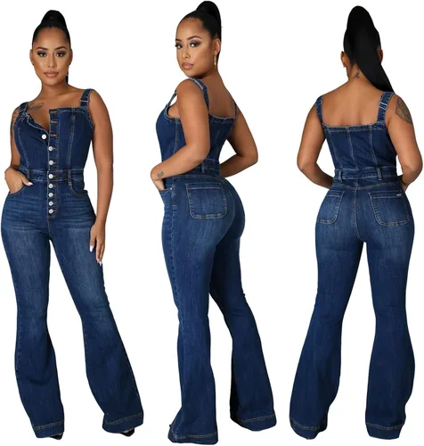 Vista 4 de Pantalones de mezclilla sin mangas para mujer, con hombros descubiertos, ajustados, holgados, con botones, pierna ancha, overol sexy y ajustado