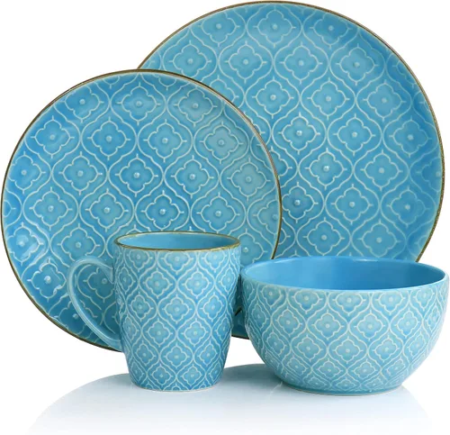 Vista 2 de Elama Aqua Lily - Vajilla de cerámica de lujo de 16 piezas con ajuste completo para 4