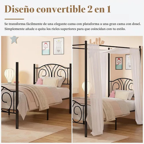 Vista 3 de VECELO Marco de cama con dosel doble, cabecero vintage con voluta, negro Negro mate