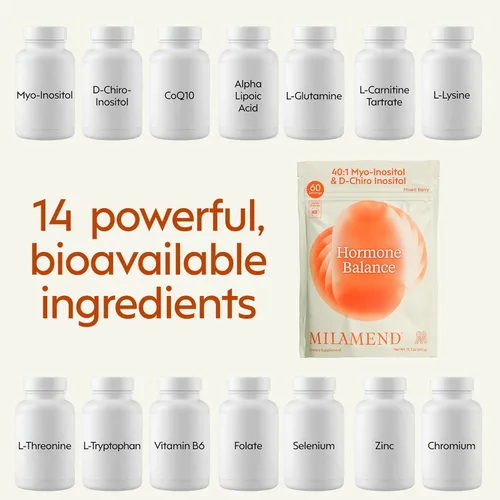 Vista 4 de Milamend Equilibrio Hormonal para Mujeres 40:1 Myo-Inositol D-Chiro Inositol Suplemento + CoQ10, ALA y Aminoácidos – Fertilidad, Apoyo Ovarico