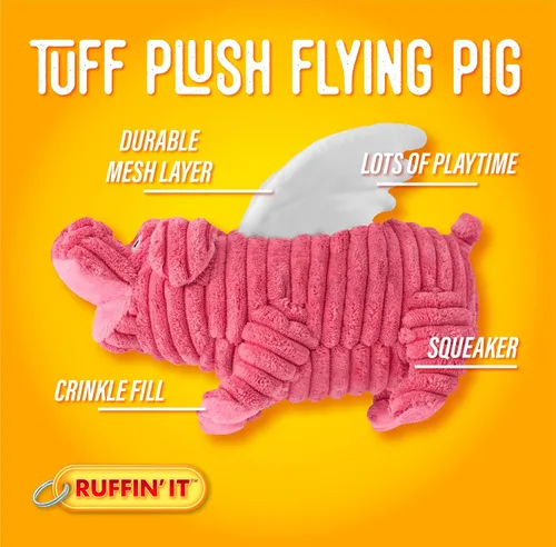 Vista 3 de RUFFIN' IT Peluche de cerdo volador, 9.5 pulgadas, relleno de chirriante, juguete duradero para perros
