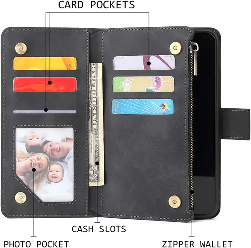 Vista 2 de UEEBAI Funda tipo cartera para Google Pixel 6, Funda de cuero PU Cierre magnético Bolso con cremallera Estuche de bolsillo con cremallera Ranuras