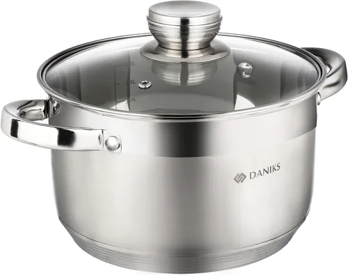 Vista 15 de Daniks Olla Estándar de Acero Inoxidable de 2 Cuartos con Tapa de Vidrio, Fondo Tri-Capa para Calentamiento Uniforme, Compatible con Inducción, Apta