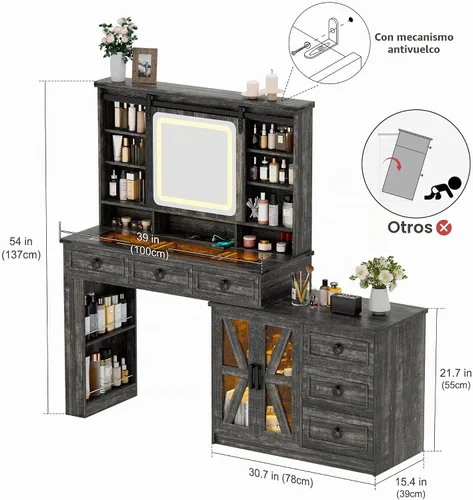 Vista 7 de Lvifur Tocador de Estilo Granja con Espejo Deslizante y Luces, Mesa de Tocador con Superficie de Cristal y Almacenamiento de Joyas, Juego de Tocador