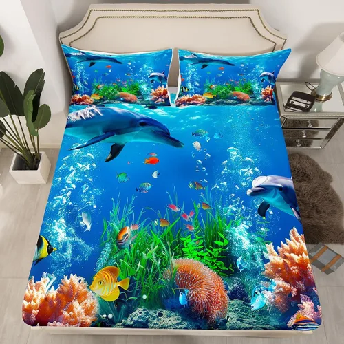 Vista 20 de Sábana bajera ajustable de tamaño individual para niños, diseño de animales marinos náuticos, juego de ropa de cama coral bajo el mar, juego de ropa