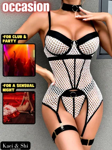 Vista 4 de Kaei&Shi Rave Outfits Fishnet, tiras exóticas sin espalda, gargantilla liguero lencería