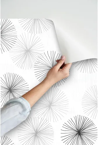 Vista 3 de Spoonflower Dandelions Grayscale Pre-Pasted Removable Wallpaper Sample 12" x 24" Round Retro Floral Kitchen Geometric Self-adhesive, removable