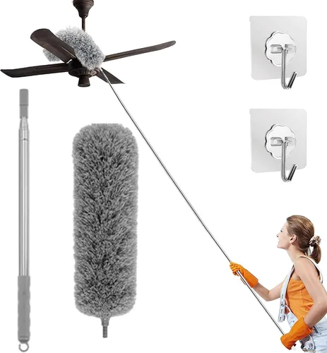 Vista 9 de Plumero de microfibra curvada retráctil lavable, plumero de microfibra con poste de extensión, plumero de plumas de microfibra, reutilizable