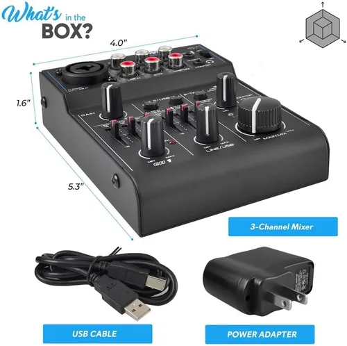 Vista 7 de Pyle - Mezclador de audio Bluetooth de 3 canales - Controlador de sonido DJ con tarjeta de sonido USB para grabación en PC - XLR - Conector