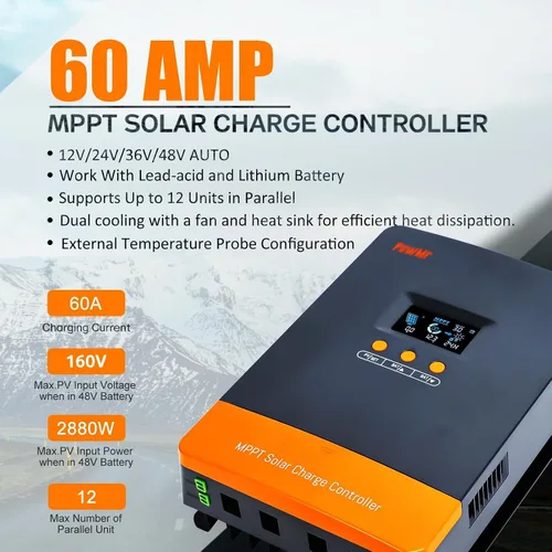 Vista 3 de Regulador de carga solar MPPT de 60 amperios PowMr, 12V/24V/36V/48V Auto, adecuado para batería de plomo-ácido y litio, entrada MAX 160V 2800W