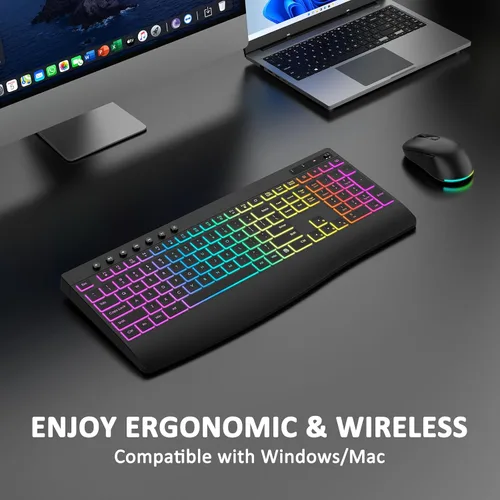 Vista 9 de Combo de teclado y mouse inalámbricos, 9 efectos retroiluminados, teclado retroiluminado recargable de 4000 mAh con reposamuñecas, mouse de 6