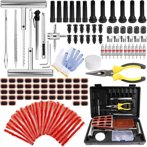 Vista 9 de Kit de tapones para neumáticos, kit de reparación de neumáticos sin cámara de 130 piezas con herramientas de mango en T de metal resistente, tiras