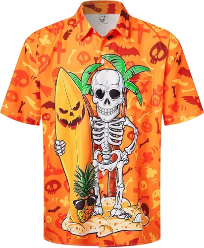 Vista 35 de Camisa de Halloween para Hombre de Hardaddy, de Manga Corta, con Botón, con Estampado Gracioso, Camisa Casual Negro