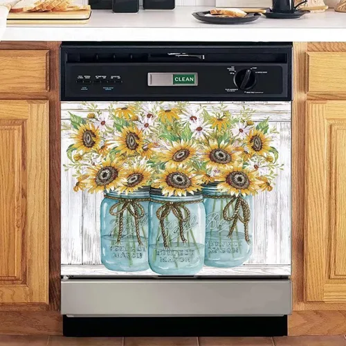 Vista 3 de Adhesivo para cubierta de lavavajillas con diseño de girasoles de granja, panel de calcomanías para nevera, funda de vinilo estilo granja, ordinario