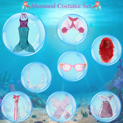 Vista 2 de Disfraz de sirena para niñas, Ariel, princesa, cumpleaños, Halloween, cosplay, con accesorios para peluca