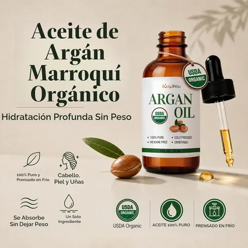 Vista 2 de BodyJ4You Aceite de argán orgánico para el cabello, piel y cara, protector