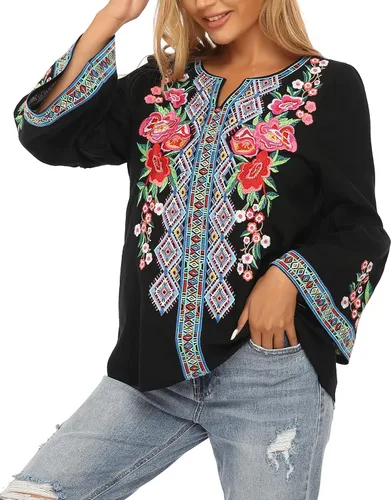 Vista 4 de YZXDORWJ Blusa casual mexicana con volantes y mangas acampanadas para mujer, talla grande, talla XXL