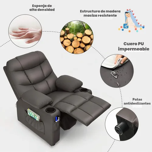 Vista 8 de GLACER Silla reclinable para niños con portavasos, bolsillos laterales Marrón