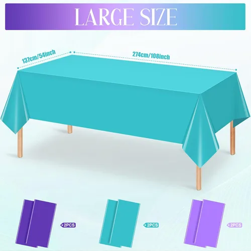 Vista 2 de Paquete de 6 manteles de sirena, manteles de princesa azules y morados, fundas rectangulares de plástico desechables de sirena para cumpleaños