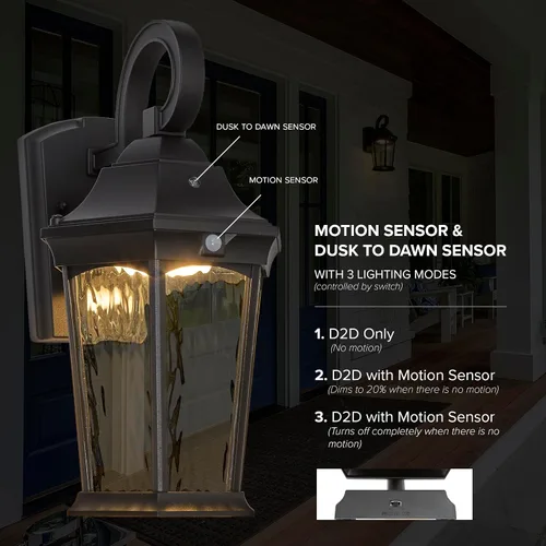 Vista 6 de Maxxima Luz LED de pared con sensor de movimiento para exteriores, 3 modos de iluminación, sensor de atardecer a amanecer, negro con vidrio de agua