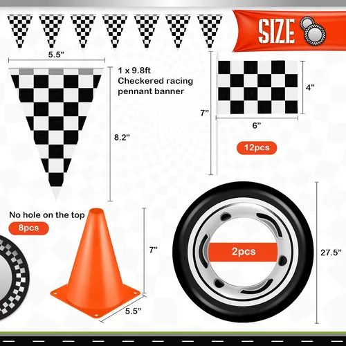 Vista 2 de Suministros de cumpleaños para fiesta de autos de carreras, tapete para correr de pista de carreras, mantel de carreras, pancarta a cuadros, 12