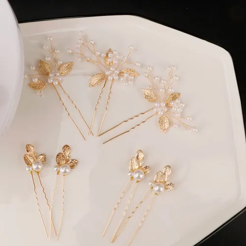 Vista 3 de 7 horquillas para el cabello de boda, hoja dorada, tocado de novia, perlas, accesorios para el cabello, accesorios para el cabello, accesorios