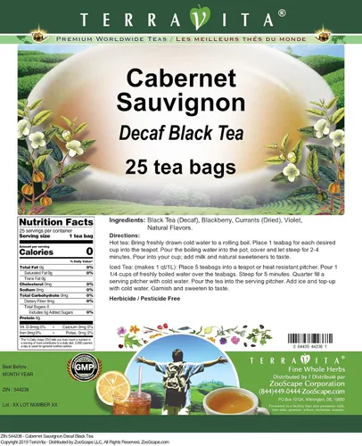 Vista 2 de Cabernet Sauvignon Té Negro descafeinado (25 bolsitas de té, ZIN: 544236)