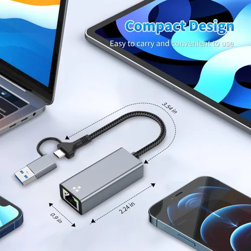 Vista 8 de Adaptador USB C a Ethernet 2 en 1 de 2.5 Gbps, adaptador Ethernet tipo C a RJ45 con puerto USB-A 3.0, 2500 Mbps Gigabit a Internet con cable