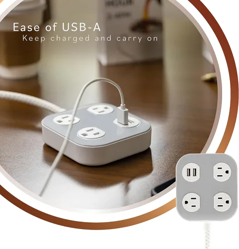 Vista 4 de Cordinate Adapt 78847 - Tira de alimentación de 3 tomas múltiples ampliamente espaciadas, 2 puertos USB, cable de extensión trenzado de 4 pies