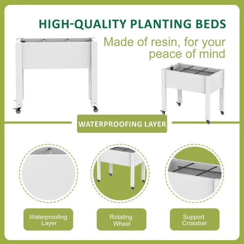 Vista 3 de PatioZen Raised Garden Bed with Legs, Raised Planter Box with Lockable Wheels &Self-Watering, Drainage Plug for Vegetables Flowers, Rustproof Resin