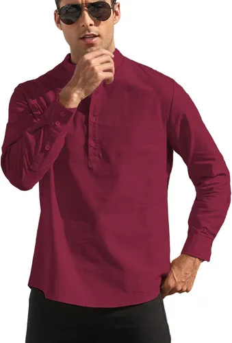 Vista 2 de ZAFUL Camisa Henley de algodón y lino para hombre, de manga larga, estilo hippie, casual, para la playa