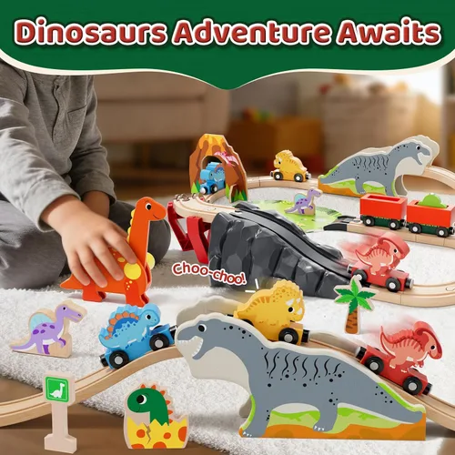 Vista 5 de Lehoo Castle Juego de Tren de Madera - Juego de Tren de Dinosaurio para Niños Pequeños de 2-4 Años, Juguetes de Vías de Tren de Madera y Conjunto
