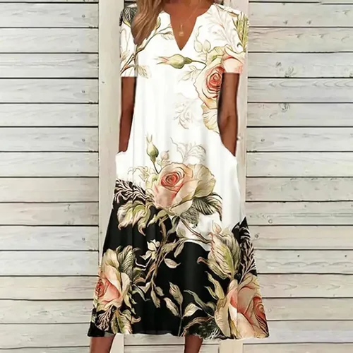 Vista 2 de Vestido de verano para mujer, casual, con bolsillos, floral, holgado, manga corta, cuello en V, talla grande, bohemio, trajes de verano