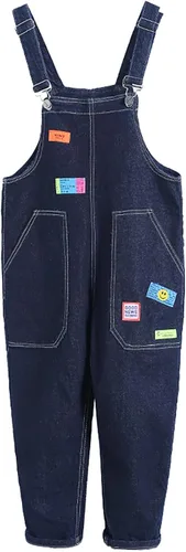 Vista 2 de Rolanko Overol de mezclilla para niñas, overol desgastado para niños, pantalones de mezclilla holgados azules de 4 a 14 años con bolsillos