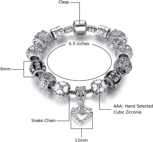 Vista 2 de Savlano Silver Tone Charm Bracelet with Crystal and Murano Glass Beads Snake Chain for Women Comes in a Gift Box