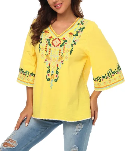 Vista 5 de YZXDORWJ Blusa campesina mexicana bordada con cuello en V para mujer