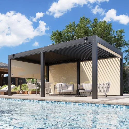 Vista 12 de EROMMY Pérgola con Persianas de 10x10 Pies, Refugio de Sombra Solar para Exteriores con Marco de Aluminio y Techo de Metal Ajustable Resistente a