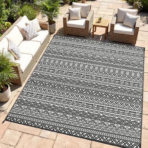 Vista 29 de Outsunny Alfombra de exterior para patio impermeable 9' x 18' rombo negro y Borde rombo negro y gris