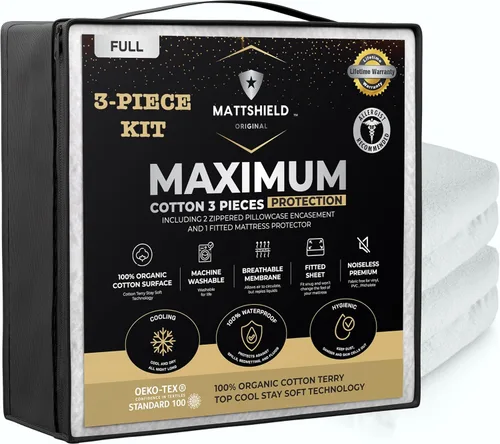 Vista 18 de MATTSHIELD - Juego máximo de 3 piezas – Protector de colchón impermeable de rizo de algodón orgánico individual + 2 protectores de almohada