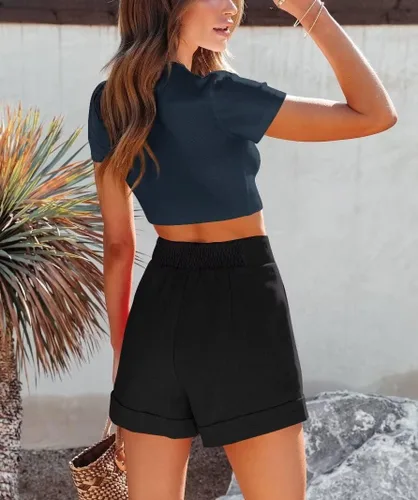 Vista 4 de BONITEE Camiseta corta de manga corta con cuello redondo y acanalada Y2K para mujer