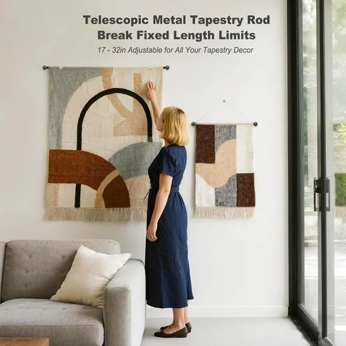 Vista 6 de Barra Telescópica para Colgar Tapices de 17-32 Pulgadas para Tapices Estéticos Ligeros Decoración de Habitación Barra Escalable para Colgar en Pared