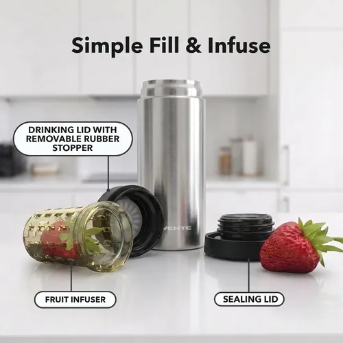 Vista 4 de OVENTE MSA12S - Taza aislada al vacío de acero inoxidable, 12 oz, color plateado Portable Double Wall Handheld Tumbler with Tea Infuser, BPA-Free