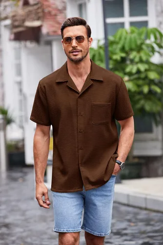 Vista 4 de COOFANDY Camisa de manga corta con botones para hombre, ajuste holgado, para playa cubana