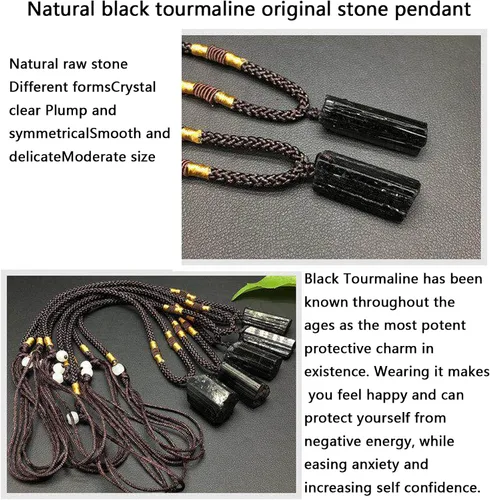 Vista 7 de HEFFY Black Raw Tourmaline Crystal Stone Necklace Pendant Amulet Pillar Pendant+Triple Protection Bracelet Hematite Obsidian Tiger Eye Bracelets for